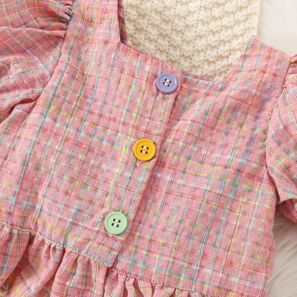 (0-3 Years Old) Summer Baby Girl Cotton Color Plaid Bubble Sleeve Top And Shorts Set Cute Princess Style Two-Piece Set For Girls