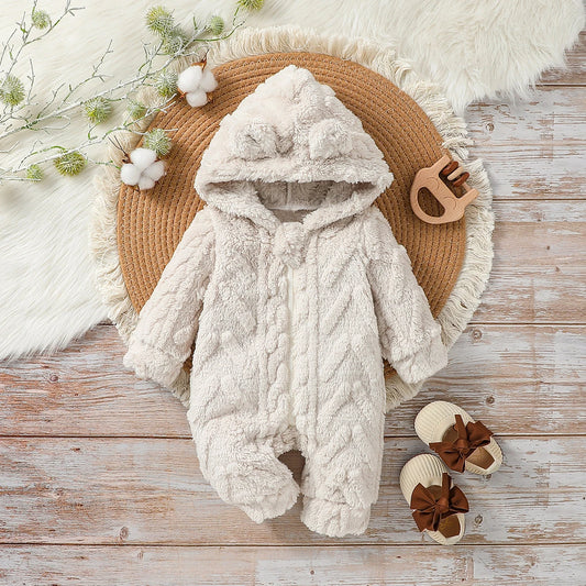 Baby Boys Winter Long Sleeve Soild Plush Hoodie Zipper Fashion Jumpsuit For Newborn Warm Clothes