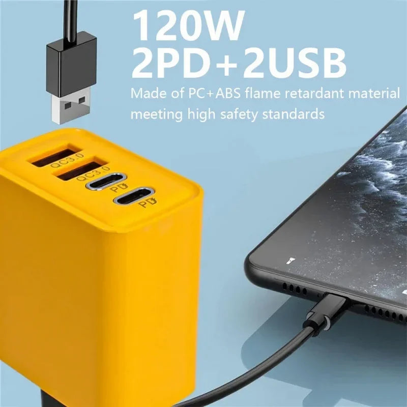 120W 3.0 USB fast phone charger type C quick charge charging adapter for iPhone 15 14 13 Samsung Xiaomi 2 PD 4 ports EU/US plug