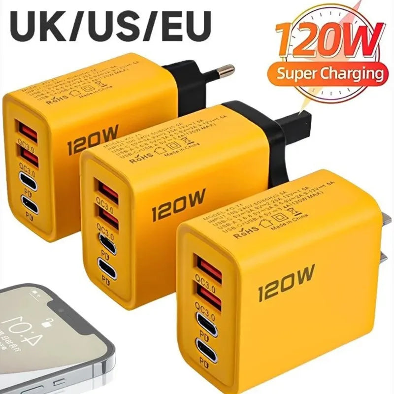 120W Fast Charging 4 Ports Mobile Phone Charger QC3.0 USB Type C Chargers Dual PD Wall Adapter EU/US/UK Plug for iPhone15 Xiaomi