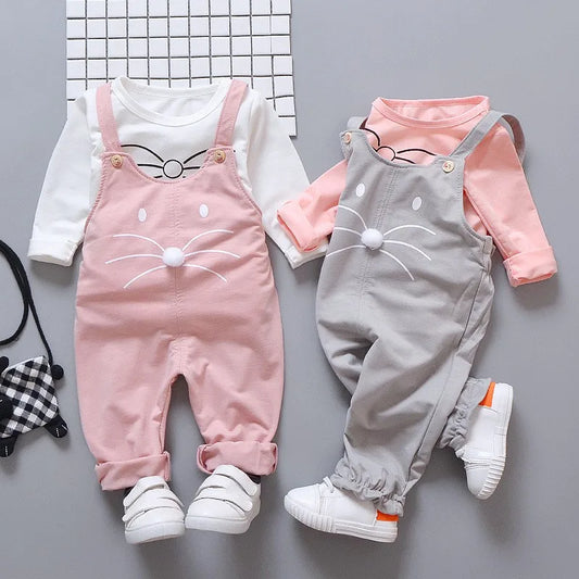 Toddler Baby Girl Clothes Sets Spring Autumn Outfits Long Sleeve Tops+Strap Cute Cat Trousers Fashion Casual Sets