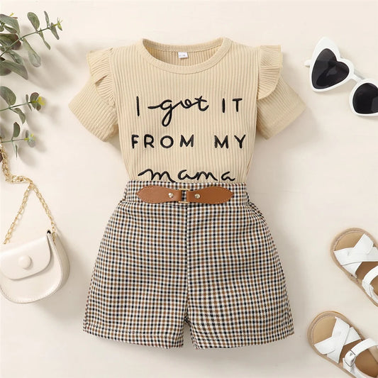 2PCS Toddler Baby Girl Clothes Set Letter Print Short Sleeve Top+Checkered Shorts Summer Fashion Outfit for Kid Girl 1-6 Years