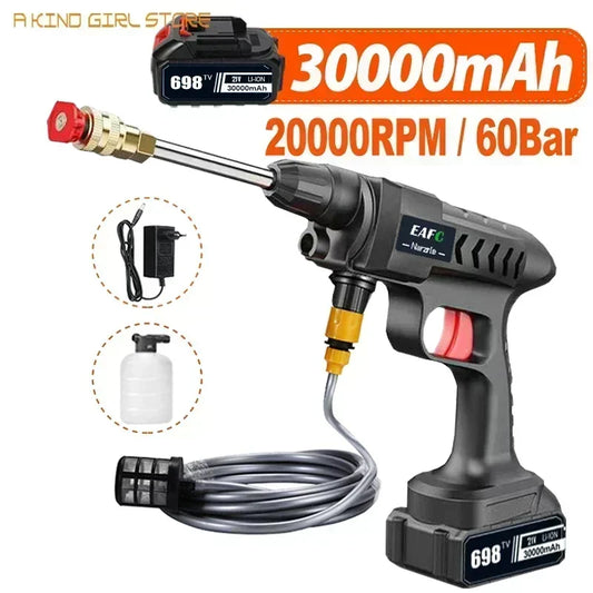 60BAR 30000mAh Wireless High Pressure Car Washer Self Priming Sustain 50min Washing 300W Car Wash Water Gun With Li-ion Battery