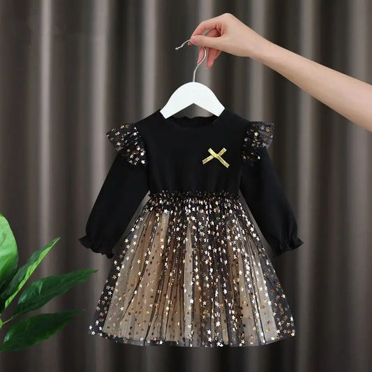 Spring Summer Kid's Clothes Girls Long Sleeve A-line Dresses 1-6 Years Star Sequin Mesh Patchwork Princess Dress