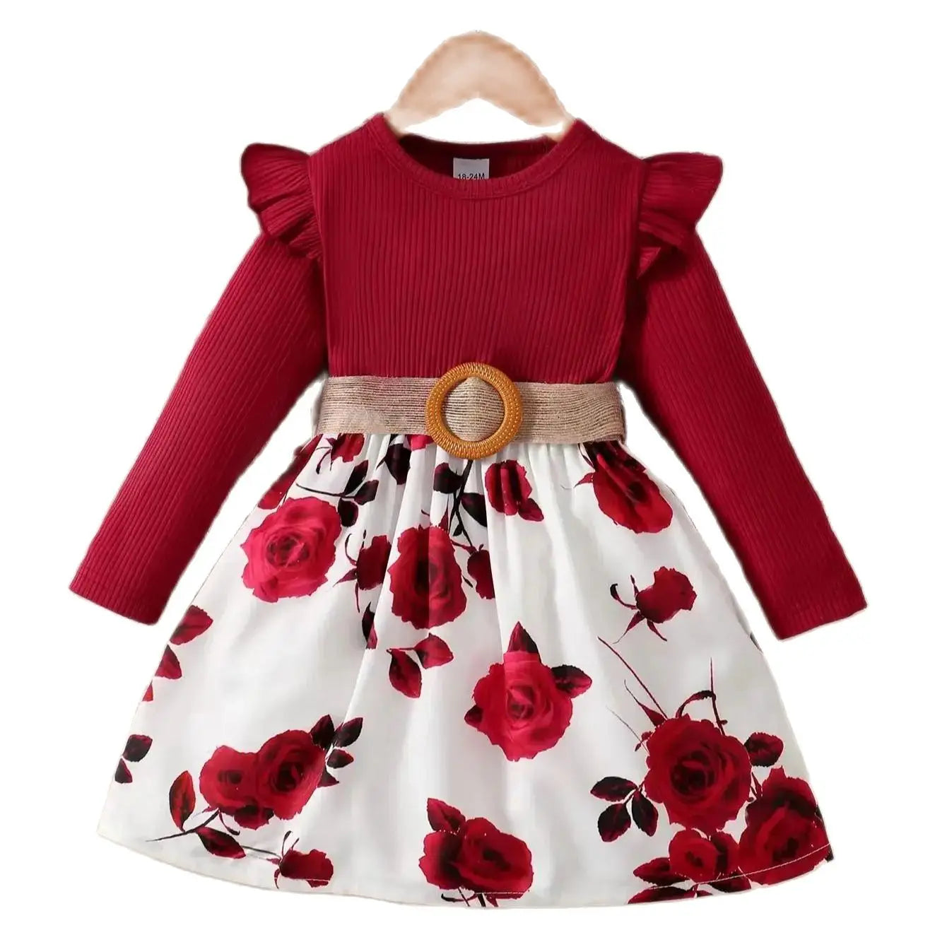 1-7 Years Children Girls New Year Dress Red Long Sleeved Flower Skirt for Birthday Wedding Party Wear Fashion Autumn Outfits