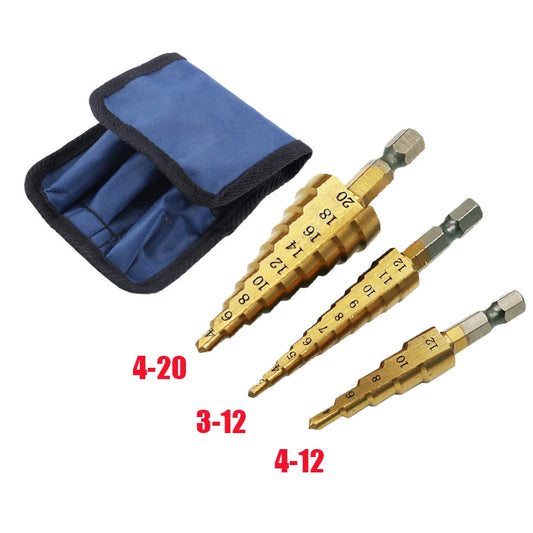 3Pcs 3-12mm 4-12mm 4-20mm HSS Straight Groove Step Drill Bit Titanium Coated Wood Metal Hole Cutter Core Cone Drilling Tools Set