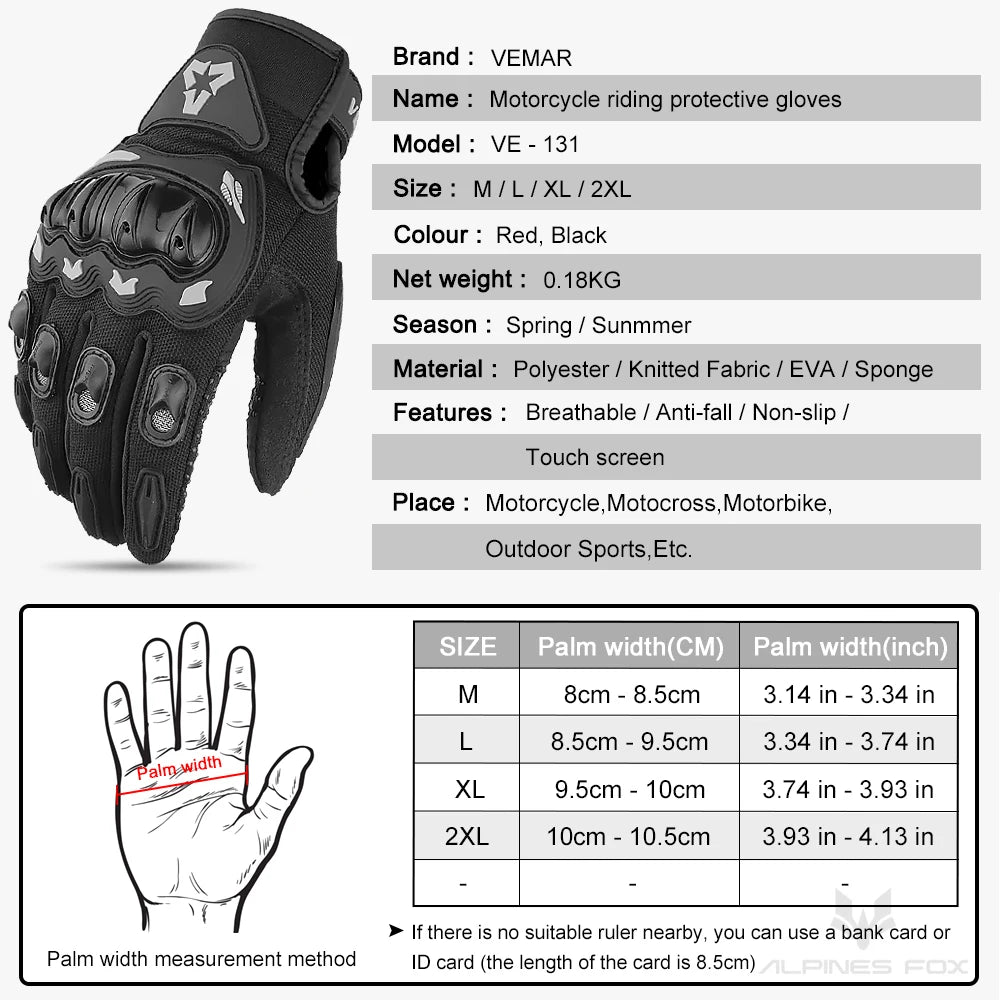 VEMAR Summer Motorcycle Gloves Men Black Full Finger Touchscreen Cycling ATV MTB Guantes Moto Luvas Bike Riding Glove Women Red