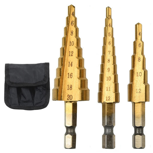 3PC Titanium Plated Step Drill 3-12/4-12/4-20mm Hexagonal Handle Straight Groove Pagoda Drill Hole Drill Tool Bag Set